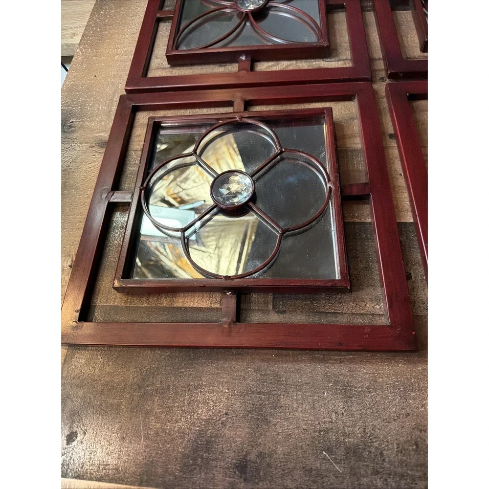Set of 4 Vintage Gothic Wall Mirrors Red Metal Geometric Jeweled Window Panels
